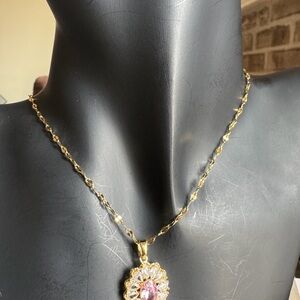 Elegant Stainless Steel Gold and Pink Pendant Necklace